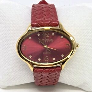Joan Rivers Watch Women Gold Tone Red Basket Weave Leather Band New Battery 9"